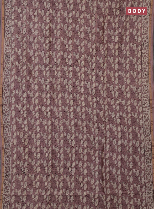 Chanderi bagru saree rosy brown with allover kalamkari prints and zari woven border