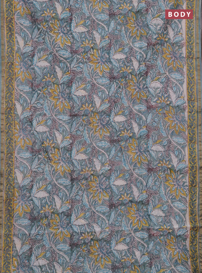 Chanderi bagru saree pastel green with allover kalamkari prints and zari woven border