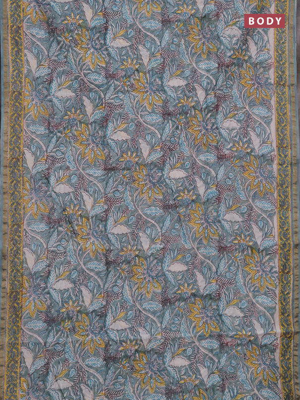 Chanderi bagru saree pastel green with allover kalamkari prints and zari woven border