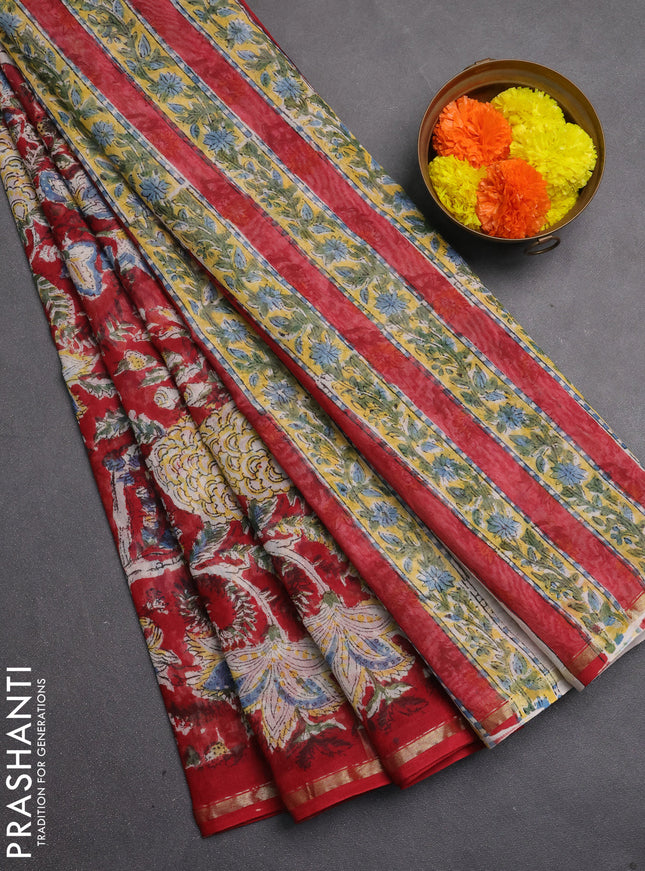 Chanderi bagru saree maroon with allover kalamkari prints and zari woven border