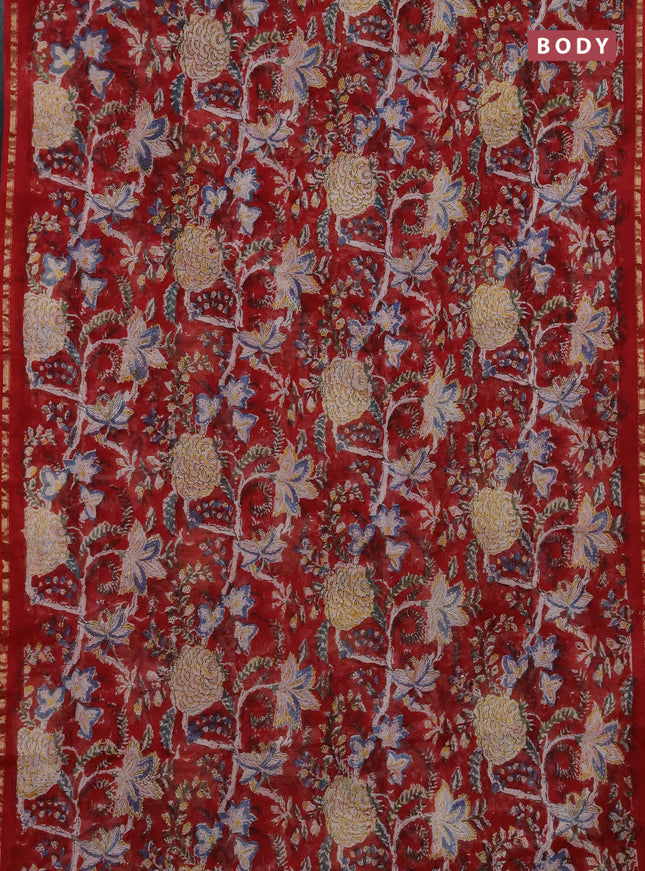 Chanderi bagru saree maroon with allover kalamkari prints and zari woven border