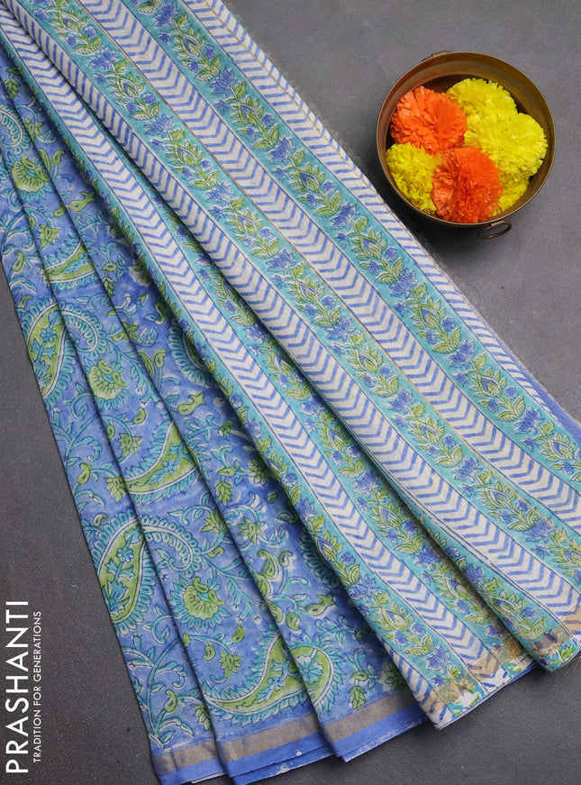 Chanderi bagru saree blue shade with allover kalamkari prints and zari woven border