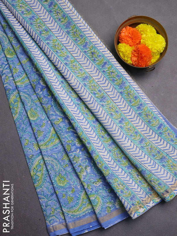 Chanderi bagru saree blue shade with allover kalamkari prints and zari woven border