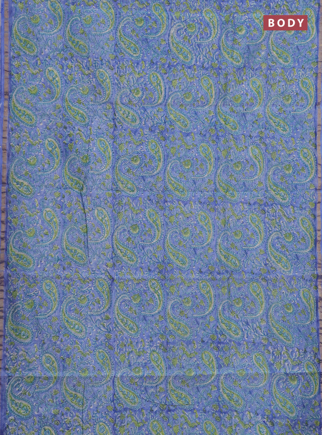 Chanderi bagru saree blue shade with allover kalamkari prints and zari woven border