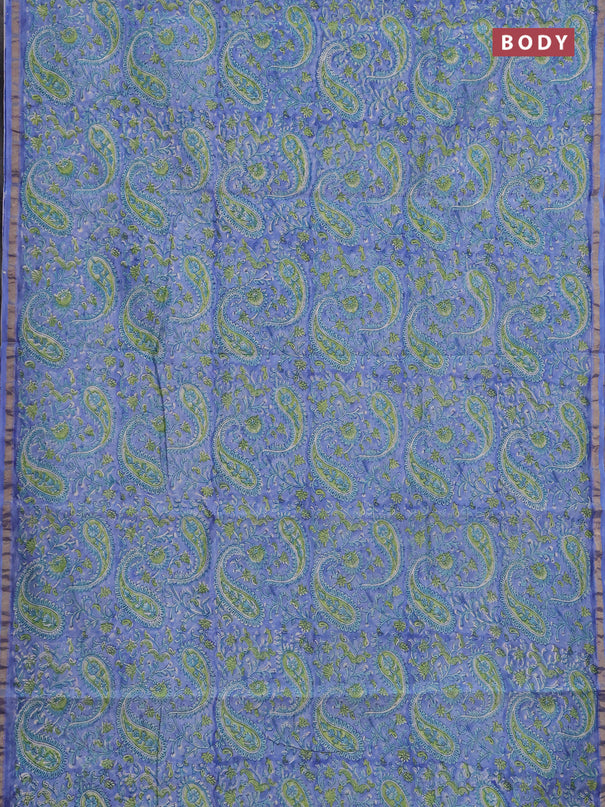 Chanderi bagru saree blue shade with allover kalamkari prints and zari woven border