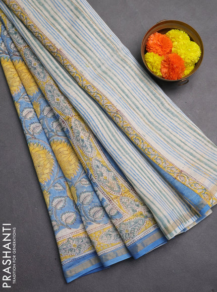 Chanderi bagru saree blue with allover kalamkari prints and zari woven border