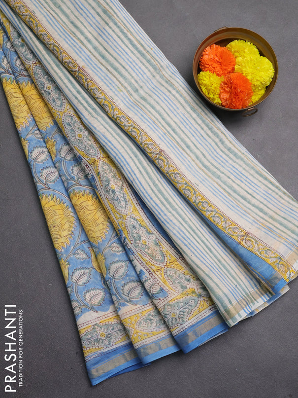 Chanderi bagru saree blue with allover kalamkari prints and zari woven border