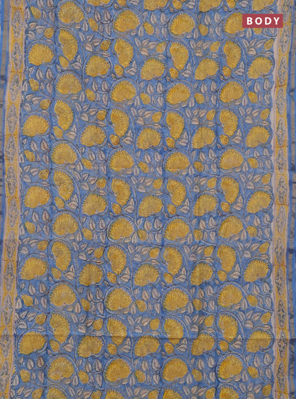 Chanderi bagru saree blue with allover kalamkari prints and zari woven border