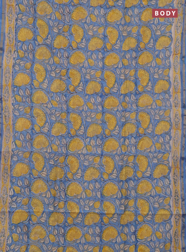 Chanderi bagru saree blue with allover kalamkari prints and zari woven border