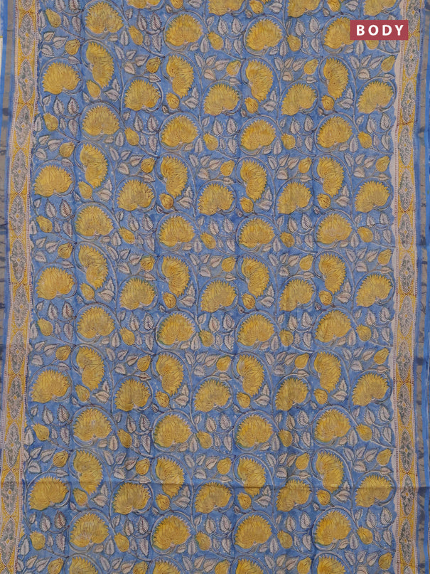 Chanderi bagru saree blue with allover kalamkari prints and zari woven border