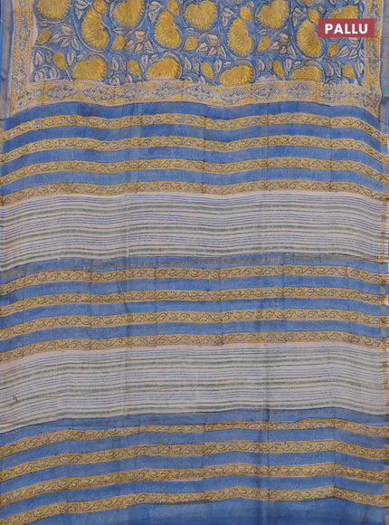 Chanderi bagru saree blue with allover kalamkari prints and zari woven border