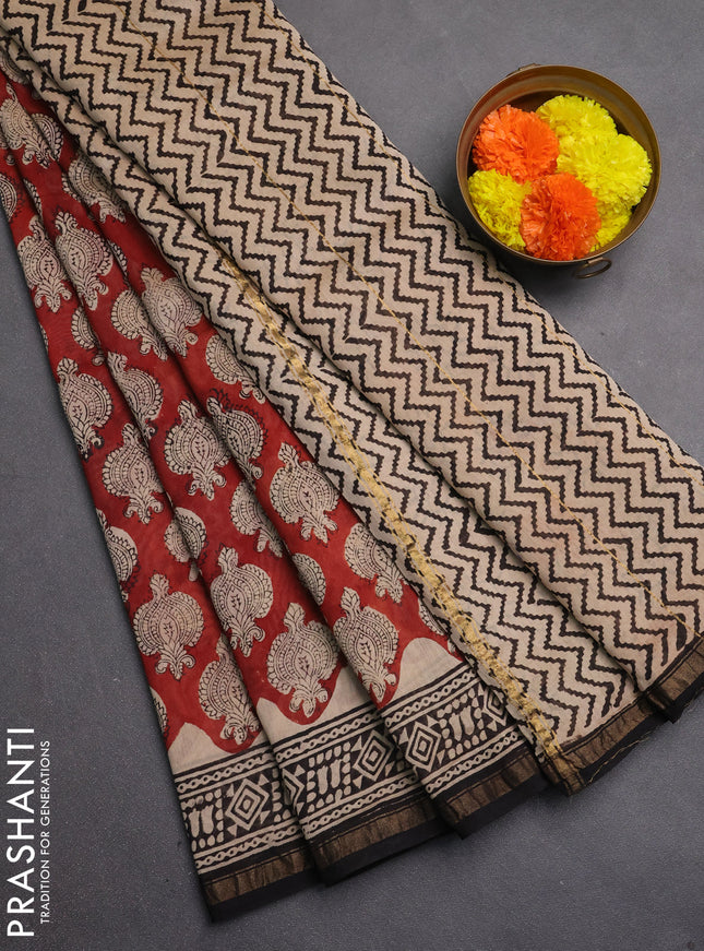 Chanderi bagru saree maroon and black with allover kalamkari prints and zari woven border