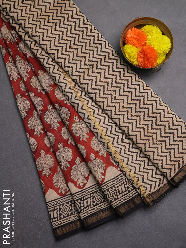 Chanderi bagru saree maroon and black with allover kalamkari prints and zari woven border