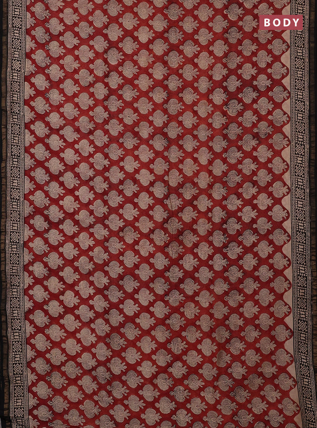 Chanderi bagru saree maroon and black with allover kalamkari prints and zari woven border