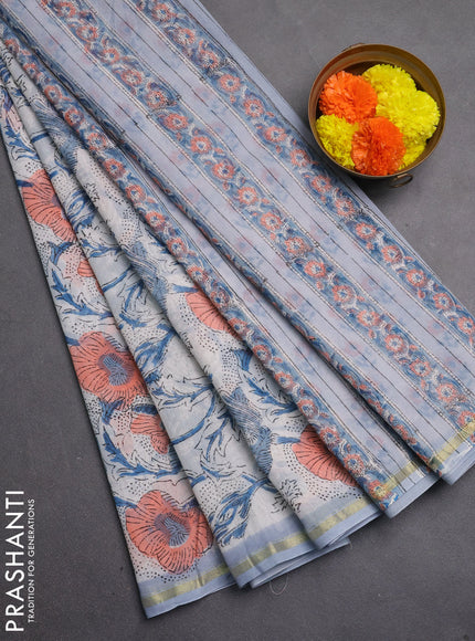 Chanderi bagru saree grey with allover kalamkari prints and zari woven border
