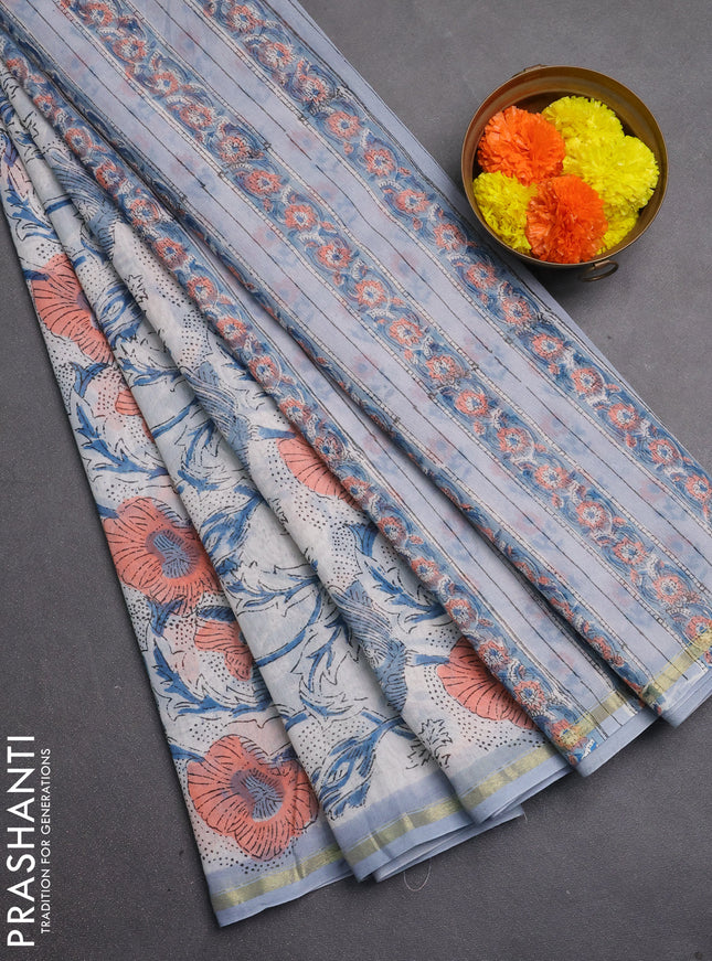 Chanderi bagru saree grey with allover kalamkari prints and zari woven border