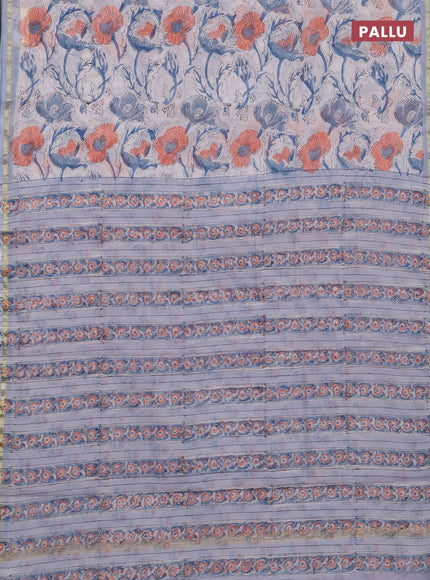 Chanderi bagru saree grey with allover kalamkari prints and zari woven border