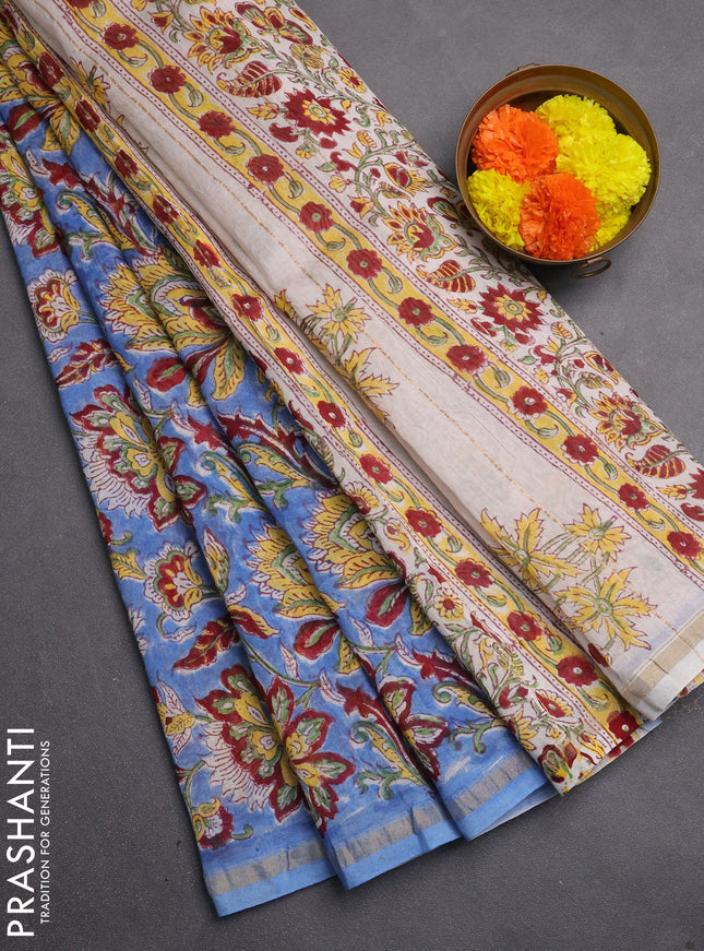 Chanderi bagru saree blue with allover kalamkari prints and zari woven border