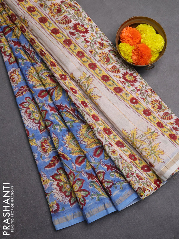 Chanderi bagru saree blue with allover kalamkari prints and zari woven border