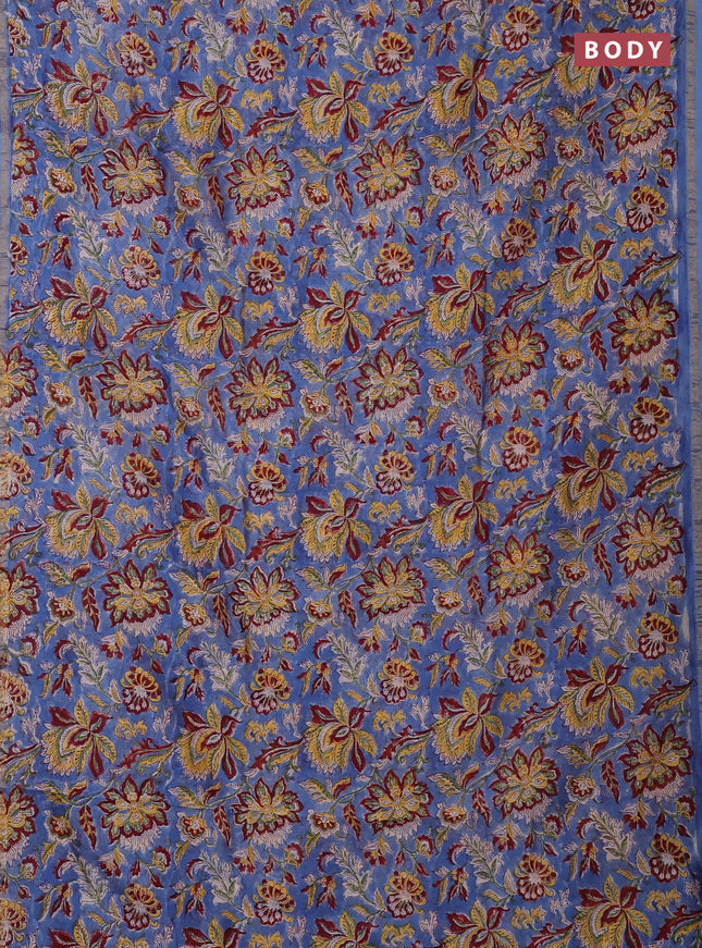 Chanderi bagru saree blue with allover kalamkari prints and zari woven border