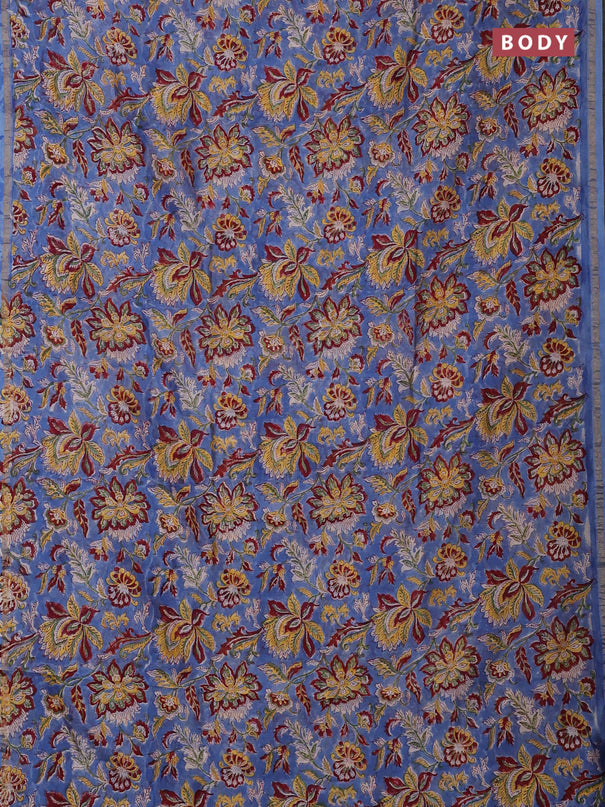 Chanderi bagru saree blue with allover kalamkari prints and zari woven border