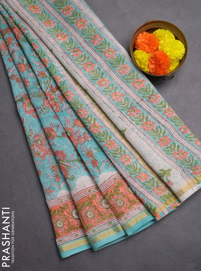 Chanderi bagru saree teal green with allover kalamkari prints and zari woven border