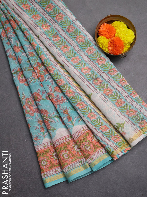 Chanderi bagru saree teal green with allover kalamkari prints and zari woven border