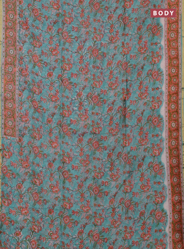 Chanderi bagru saree teal green with allover kalamkari prints and zari woven border