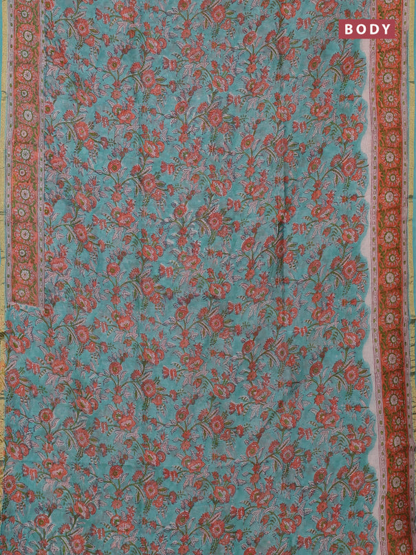 Chanderi bagru saree teal green with allover kalamkari prints and zari woven border