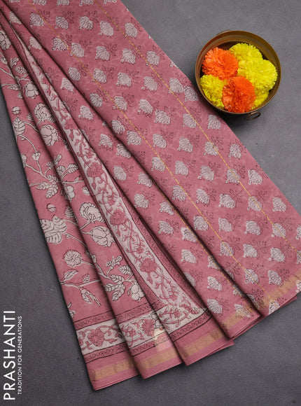 Chanderi bagru saree mauve pink with allover kalamkari prints and zari woven border
