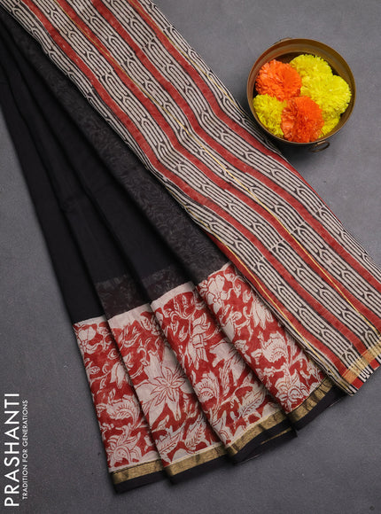 Chanderi bagru saree black with plain body and zari woven border