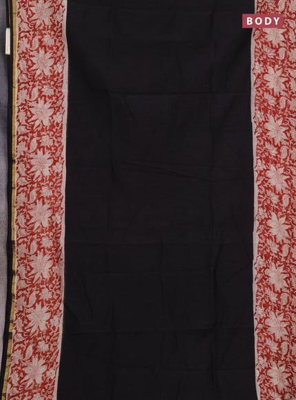 Chanderi bagru saree black with plain body and zari woven border