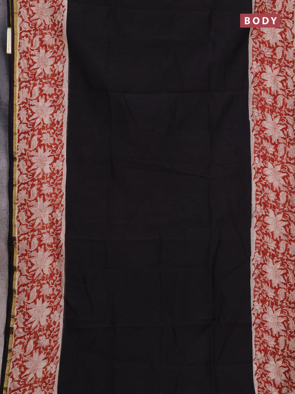 Chanderi bagru saree black with plain body and zari woven border