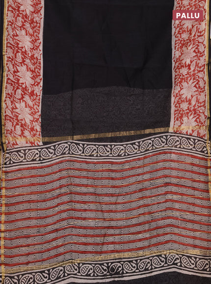 Chanderi bagru saree black with plain body and zari woven border