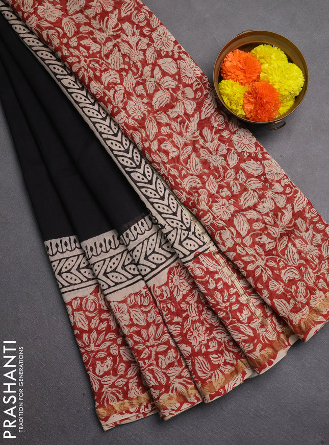 Chanderi bagru saree black with plain body and zari woven border