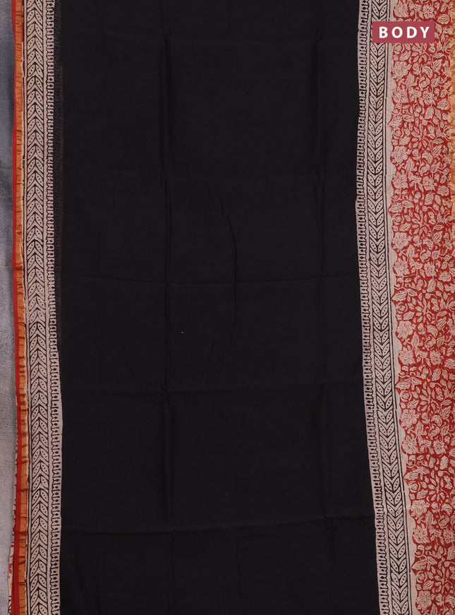 Chanderi bagru saree black with plain body and zari woven border