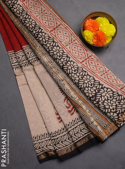 Chanderi bagru saree maroon and beige with plain body and zari woven border