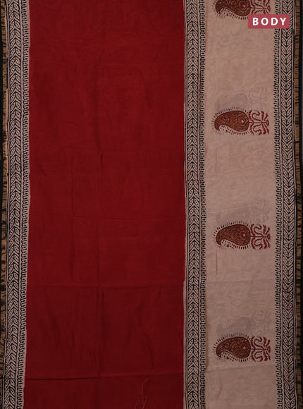 Chanderi bagru saree maroon and beige with plain body and zari woven border