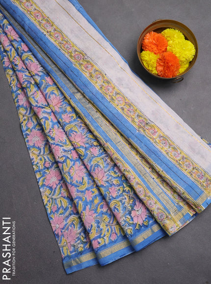 Chanderi bagru saree blue with allover kalamkari prints and zari woven border