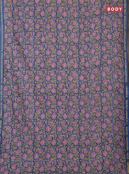 Chanderi bagru saree blue with allover kalamkari prints and zari woven border