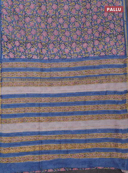 Chanderi bagru saree blue with allover kalamkari prints and zari woven border