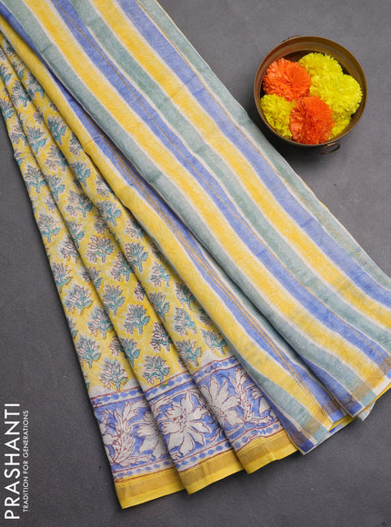 Chanderi bagru saree yellow and blue with allover butta prints and zari woven border