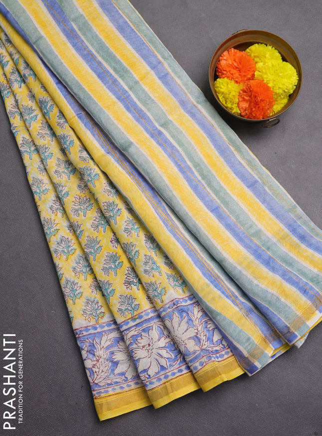 Chanderi bagru saree yellow and blue with allover butta prints and zari woven border