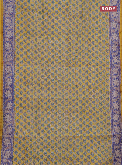 Chanderi bagru saree yellow and blue with allover butta prints and zari woven border