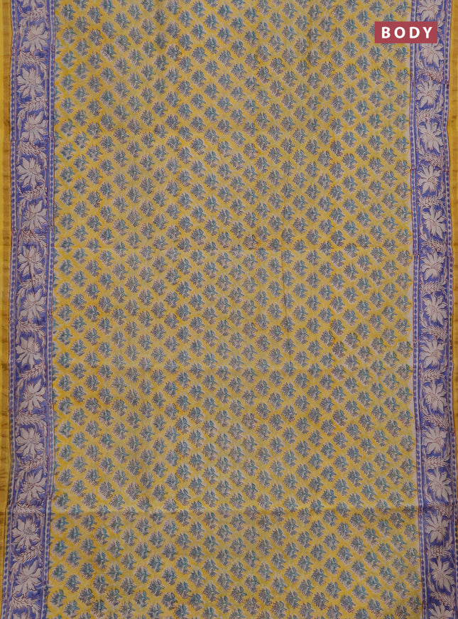 Chanderi bagru saree yellow and blue with allover butta prints and zari woven border