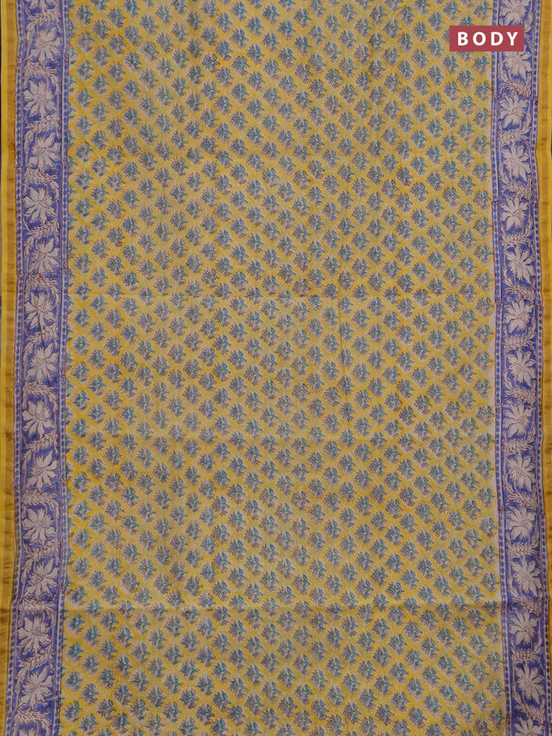 Chanderi bagru saree yellow and blue with allover butta prints and zari woven border