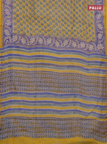Chanderi bagru saree yellow and blue with allover butta prints and zari woven border