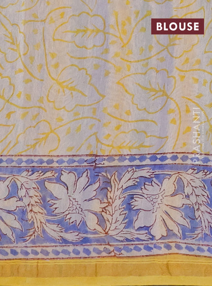 Chanderi bagru saree yellow and blue with allover butta prints and zari woven border