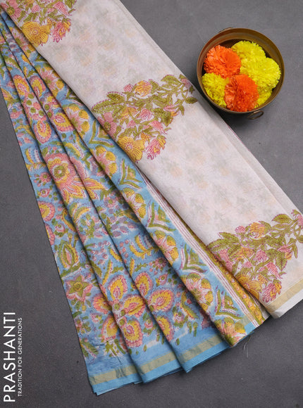 Chanderi bagru saree light blue and off white with allover kalamkari prints and zari woven border