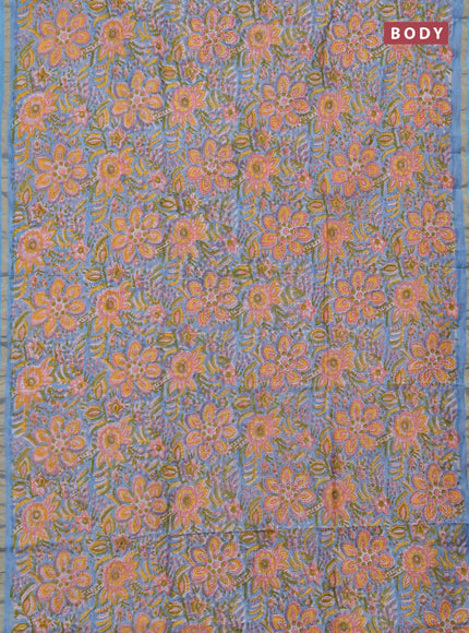 Chanderi bagru saree light blue and off white with allover kalamkari prints and zari woven border